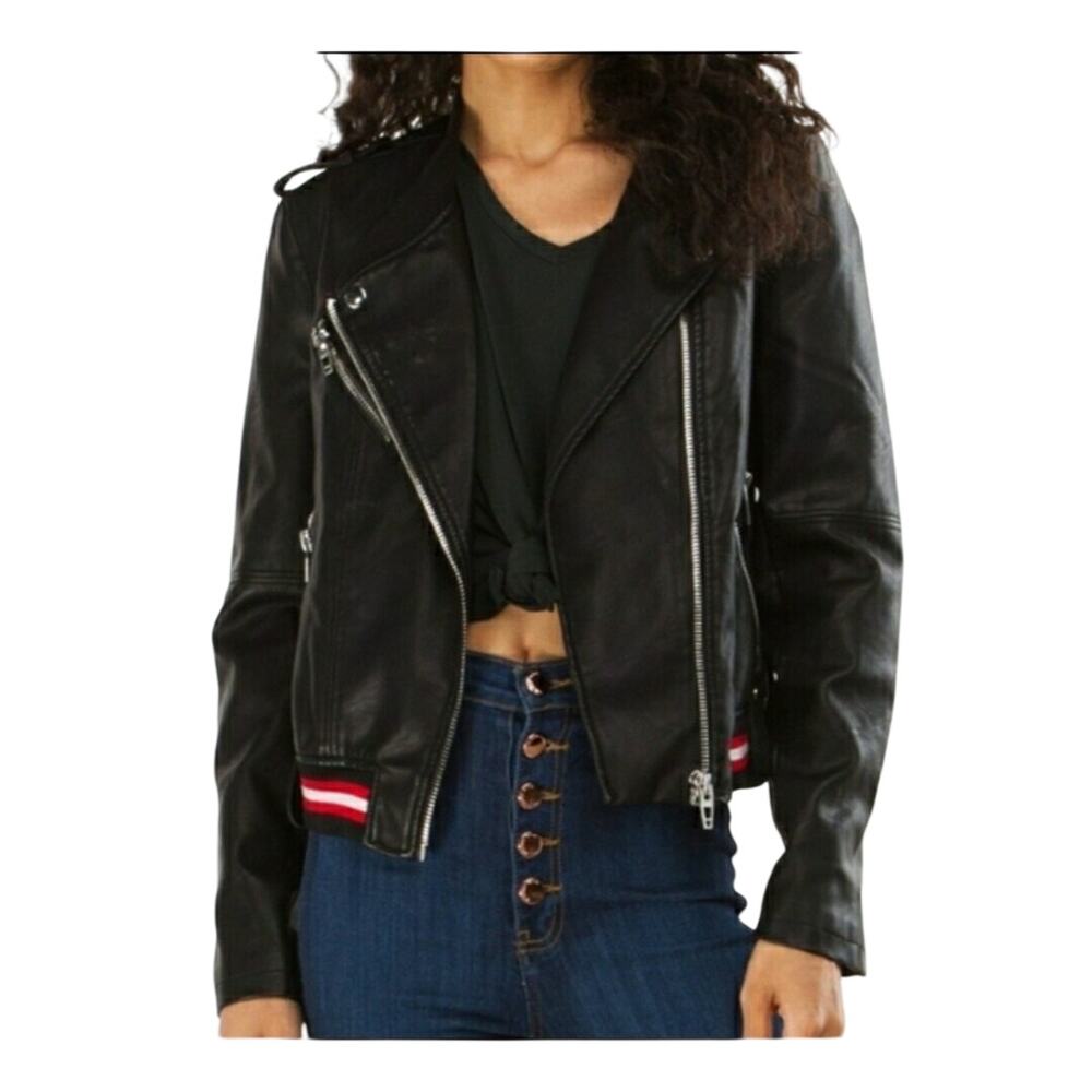 Blank NYC Uma Stripe Varsity Moto Vegan Leather Jacket Size S New with Tag